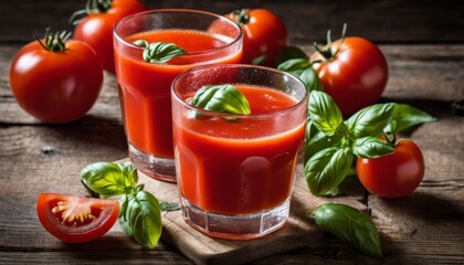 Two glasses of tomato sauce with basil leaves