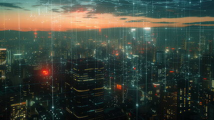 bird's-eye view of a city at night, with holographic data streams crisscrossing the sky, symbolizing global media connections powered by generative AI.