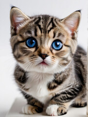 Obraz premium A startled Scottish Fold kitten with blue wide eyes, captured in a close-up on a white background, exudes humor.