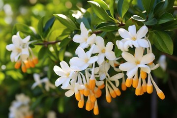 Blooming neroli flowers hanging from a tree in a beautiful garden. Generative AI