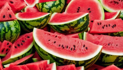 A pile of watermelon slices stacked on top of each other