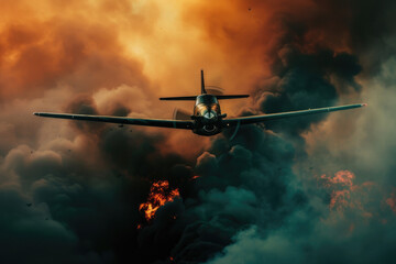 Airplane in the fire with smoke on the background