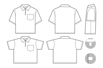 Quarter zip polo Short Sleeve Collared Flat Technical Drawing Illustration Blank Mock-up Template for Design and Tech Packs CAD Technical Sketch  © Jack