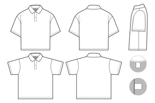 Oversized Polo Short Sleeve Collared Flat Technical Drawing Illustration Blank Mock-up Template for Design and Tech Packs CAD Technical Sketch	