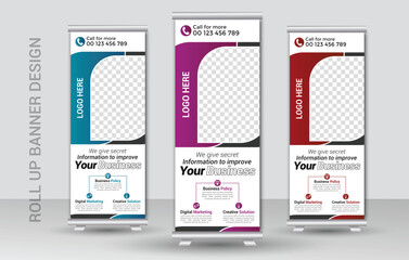 Corporate business roll up banner design template or racked banner design template and advertisement roll up banner template with three colors design