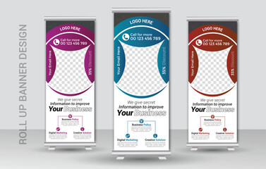 Corporate business roll up banner design template or racked banner design template and advertisement roll up banner template with three colors design