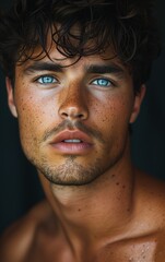 Obraz premium AI generated illustration of a natural male model portrait with captivating blue eyes