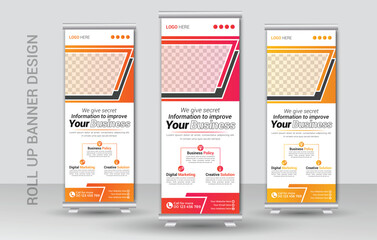 Corporate business roll up banner design template or racked banner design template and advertisement roll up banner template with three colors design