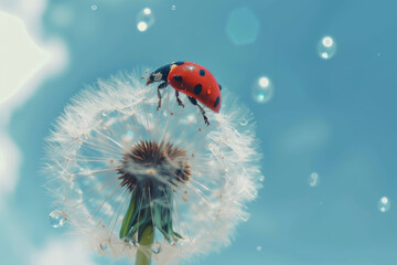close up view of a ladybug on dandelion with water drops on blue sky background - obrazy, fototapety, plakaty
