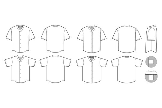 button baseball jersey sports team top shirt flat technical drawing illustration short sleeve blank streetwear mock-up template for design and tech packs women