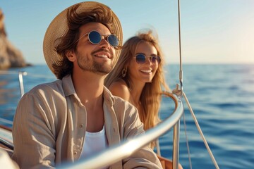 A couple's joy radiates as they sail on a serene ocean, the woman's sun hat and sunglasses adding a touch of fashionable flair to their relaxing vacation