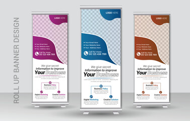 Corporate business roll up banner design template or racked banner design template and advertisement roll up banner template with three colors design