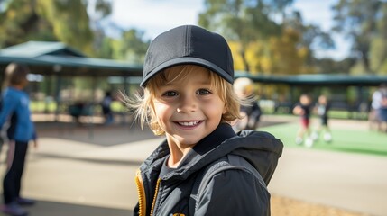 Happy caucasian boy smiling at golf training, looking at camera on the golf course