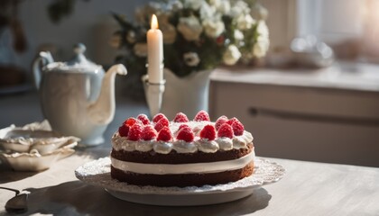 A cake with strawberries on top sits on a table