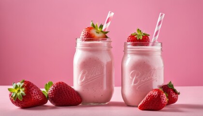 Two strawberry milkshakes in jars with strawberries on top