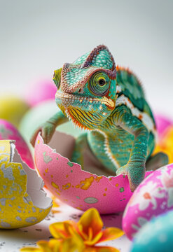 Chameleon comes out of the colorful easter egg shell, in the style of conceptual, soft colors, white background, easter greeting concept