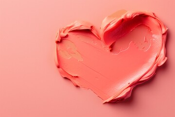 Heart shaped swatch of peach lip cream on pastel peach fuzz background with space for text