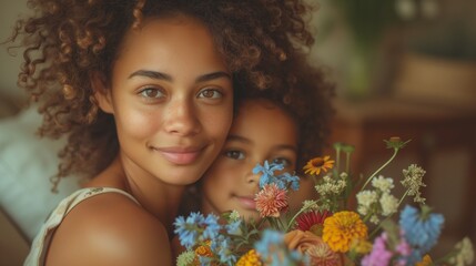 Loving Embrace Between Mother and Child With Colorful Flowers on Mothers Day - obrazy, fototapety, plakaty