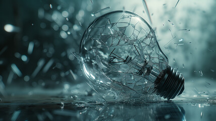 light bulb's glass explosion, focusing on the fine cracks and the initial burst, highlighting the complexity and force of the moment.