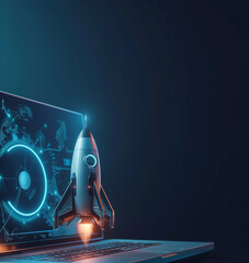 A sleek silver rocket blasting out of a modern laptop screen, with a deep blue digital background.