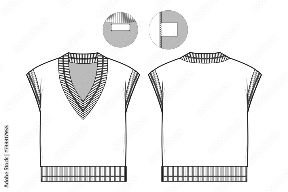 Wall mural collegiate v neck sweater flat technical drawing illustration mock-up template for design and tech packs men or unisex fashion CAD streetwear women. - Wall murals