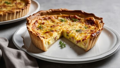 A slice of cheese quiche on a white plate