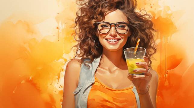 A happy woman in glasses holding a citrus drink