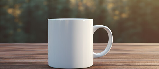 Coffee mug mockup on a wooden table White color blank mug with handle blur green nature background.