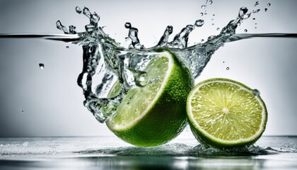 A lime is being sliced in a glass of water