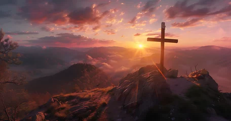 Fotobehang christ cross on a mountain top at sunrise in © SD2