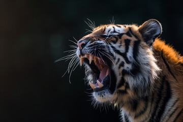 portrait of tiger face,roaring,closeup,dynamic lighting,telephoto lens 70-200mm,f3.2,animal ohitigraphy