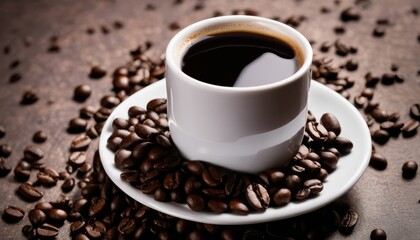 A cup of coffee on a plate with coffee beans