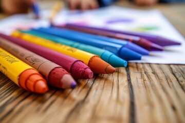 A vibrant array of writing implements, including pencils, crayons, and markers, lay neatly arranged on a table, waiting to bring colorful inspiration to any indoor workspace - Powered by Adobe