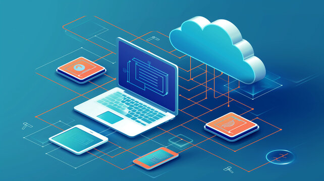 Cloud computing ecosystem, with sleek designs of a computer, laptop, tablet, and smartphone, all seamlessly connected to a stylized cloud.