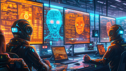 anthropomorphic computer characters working and chatting in a high-tech digital workspace, with screens displaying code and AI models. - obrazy, fototapety, plakaty