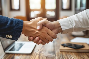 Obraz na płótnie Canvas Two business partners seal a deal with a firm handshake, their fingers intertwined in determination as they sit at a sleek, modern table in their professional attire, their nails perfectly manicured 