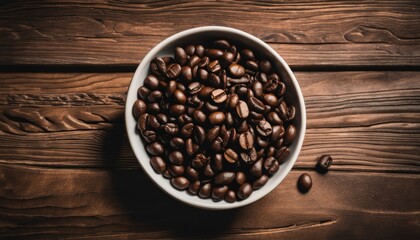 Fototapeta premium A bowl full of coffee beans on a wooden table