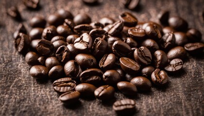 Naklejka premium A pile of dark coffee beans on a wooden table