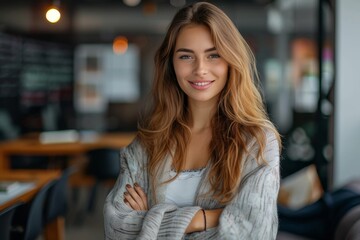 Fototapeta premium A confident woman exudes grace and poise as she stands with crossed arms, her long brown hair cascading down her layered clothing, a bright smile gracing her face while she leans against a chair at a