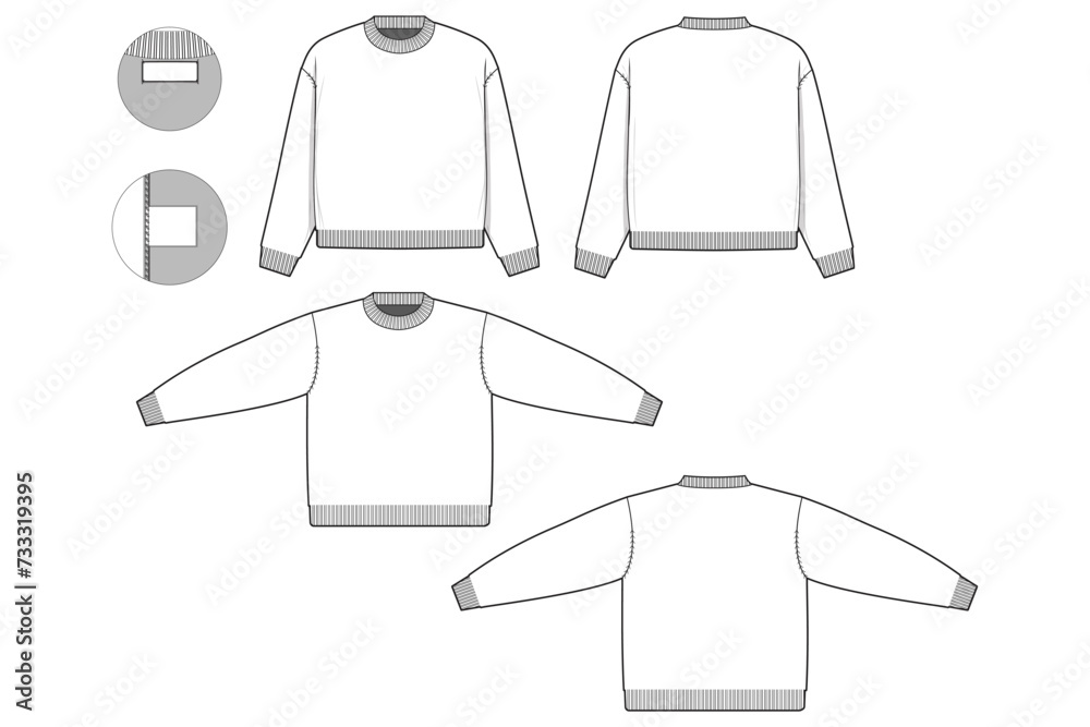 Wall mural Oversized crewneck sweater flat technical drawing illustration mock-up template for design and tech packs men or unisex fashion CAD streetwear women baggy loose - Wall murals