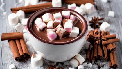 A bowl of hot chocolate with marshmallows and cinnamon sticks