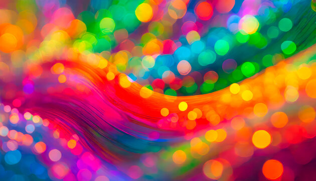 Abstract and colorful rainbow pattern of iridescent organic shapes with soft flowing movement and boken effect and out of focus rain drops of coloured light