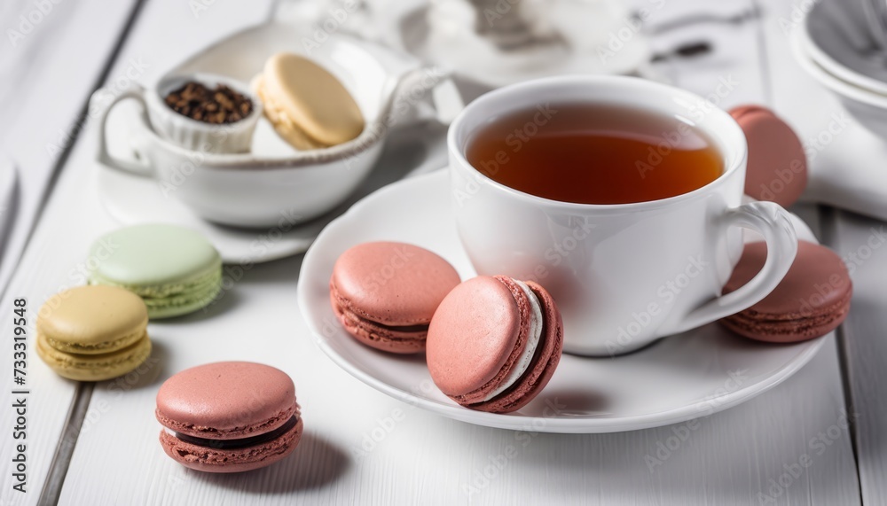 Wall mural A cup of tea and macaroon cookies on a white plate