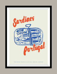 Sardines hand drawn illustration in a poster frame for wall art gallery. Matisse style.