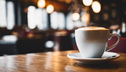 Fototapeta premium A cup of coffee on a saucer on a wooden table