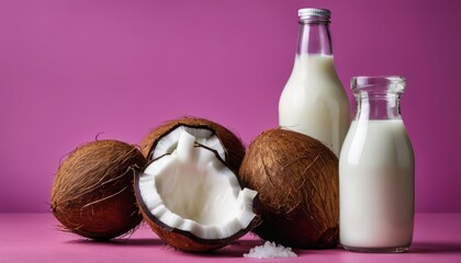 Obraz na płótnie Canvas A bottle of milk and a bottle of coconut milk