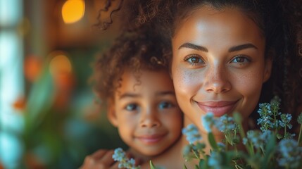 Mother and Child Enjoying a Warm Embrace on Mothers Day in a Cozy Home - obrazy, fototapety, plakaty