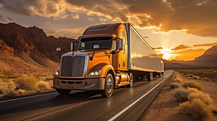 Foto op Plexiglas Southwest journey. captivatingly immense semi-truck traversing the serene and empty roads of the stunning southwestern united states © sorin