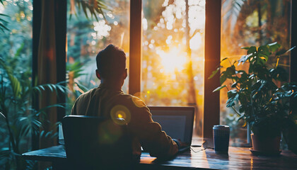 Man working on his laptop sitting at a desk overlooking a tropical setting. Digital nomad working in tropical countries, working from abroad, working remotely. Expat working at a vacation spot.  - obrazy, fototapety, plakaty
