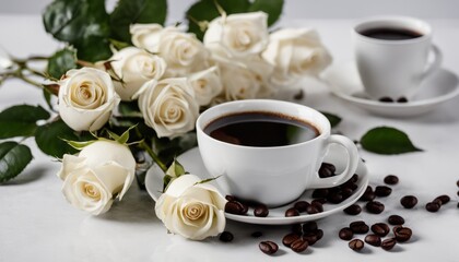 A cup of coffee with a rose on the table